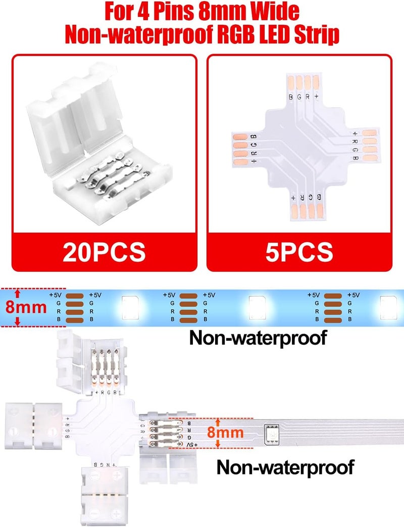 Ledagic X Shape LED Strip Connectors 5-Pcs with 20Pcs Clips, Unwired Solderless LED Light Connectors for 8mm Wide 4-Pin Strip Lights - Image 3